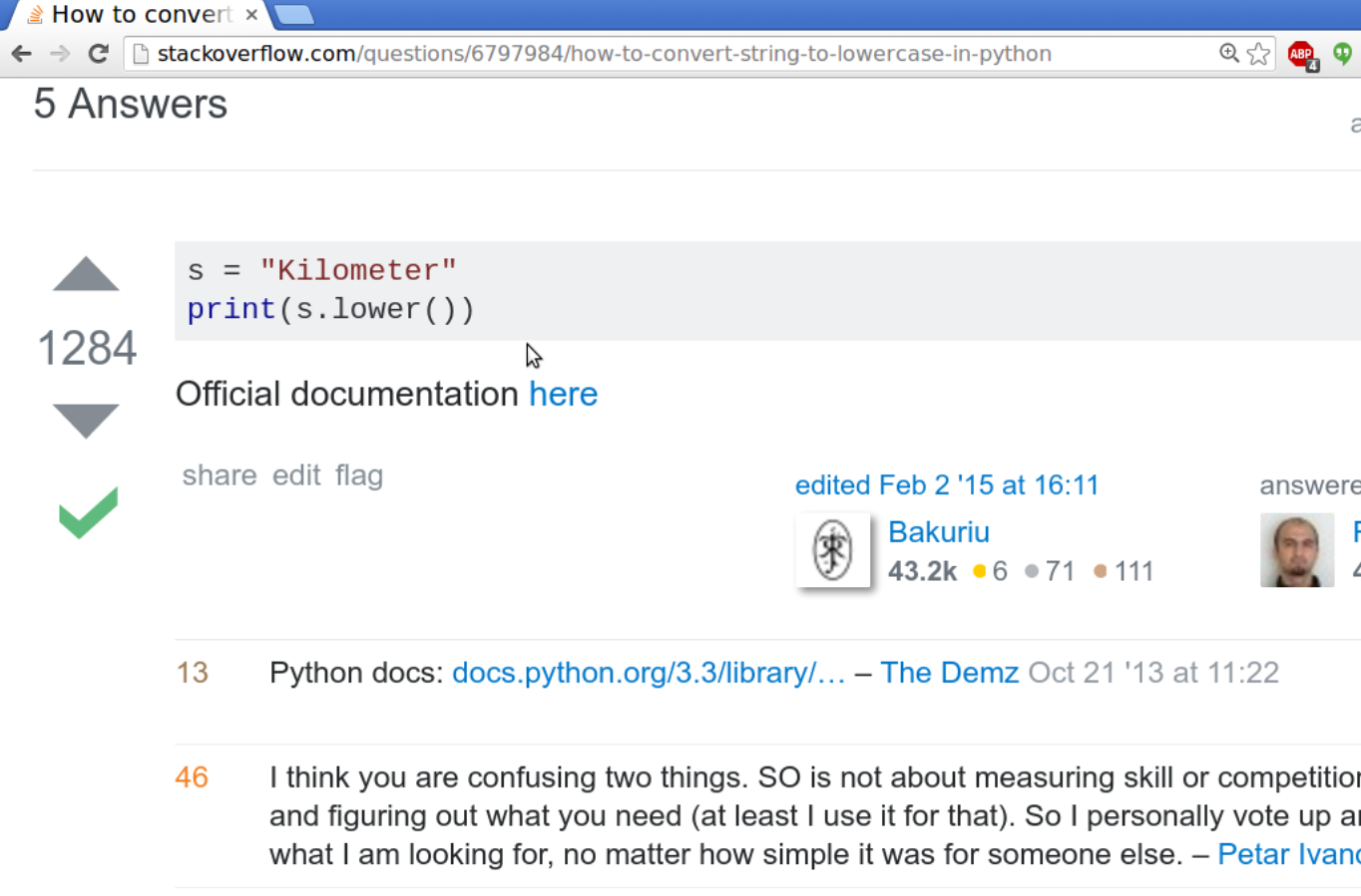 stack overflow answer for making strings lowercase. the answer says to use string.lower()